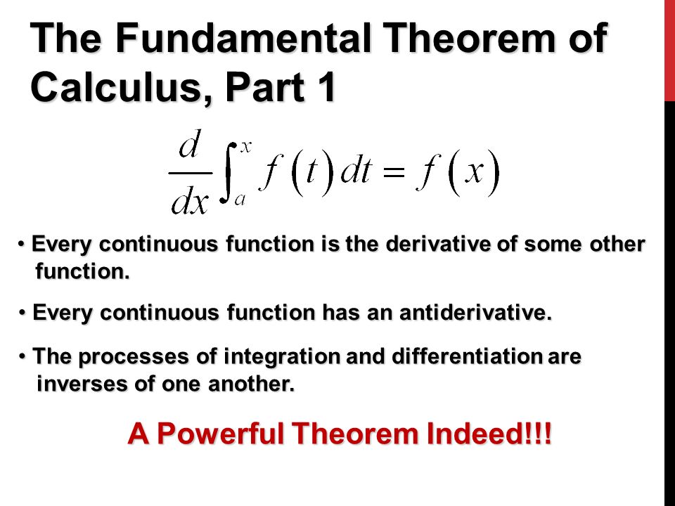 The Fundamental Theorem of Calculus, Part 1 Every continuous function is the derivative of some other Every continuous function is the derivative of some other function.