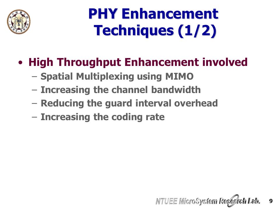 9 PHY Enhancement Techniques (1/2) High Throughput Enhancement involved –Spatial Multiplexing using MIMO –Increasing the channel bandwidth –Reducing the guard interval overhead –Increasing the coding rate