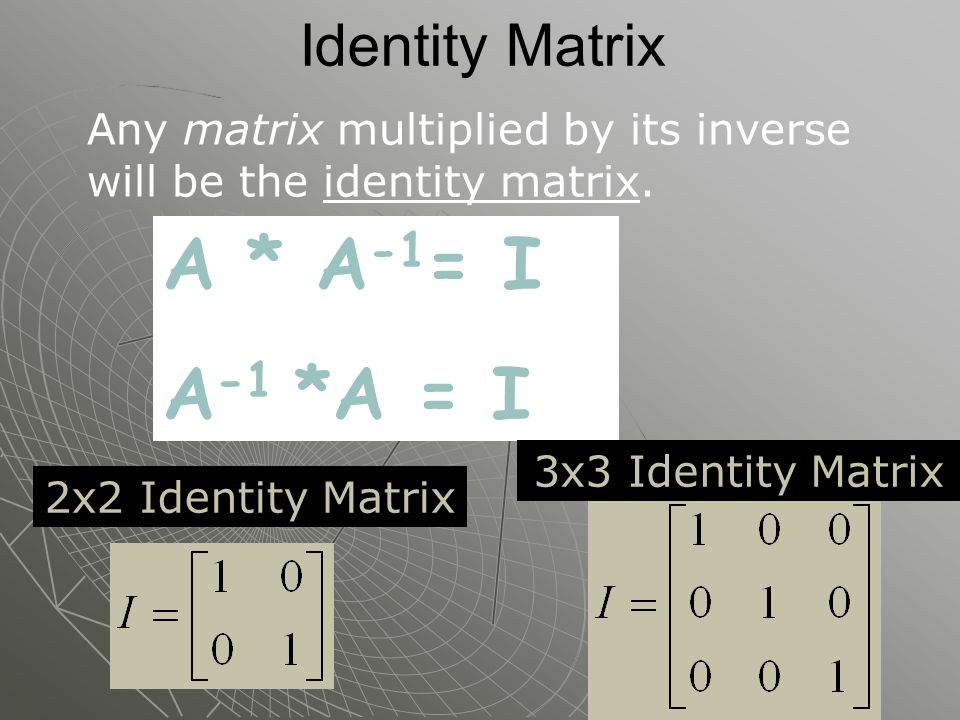 Identity Matrix A * A -1 = I A -1 *A = I Any matrix multiplied by its inverse will be the identity matrix.