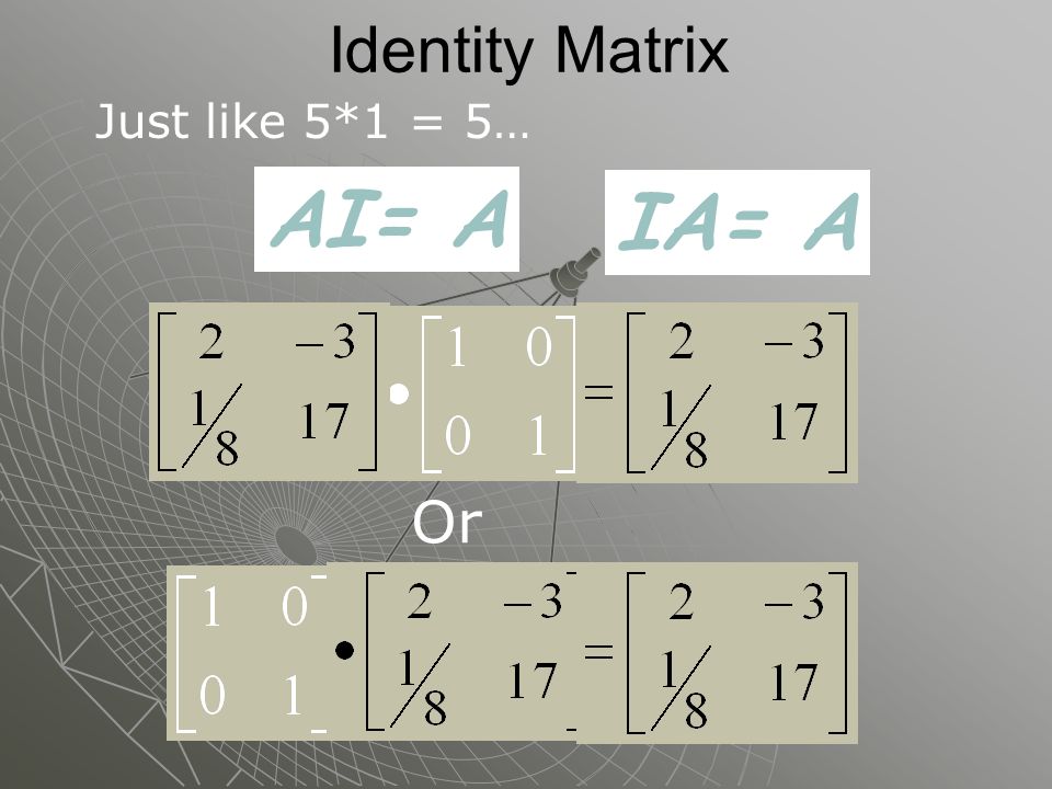 Identity Matrix AI= A Just like 5*1 = 5… IA= A Or