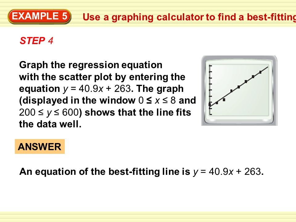 Use a graphing calculator to find a best-fitting line EXAMPLE 5 STEP 4 Graph the regression equation with the scatter plot by entering the equation y = 40.9x