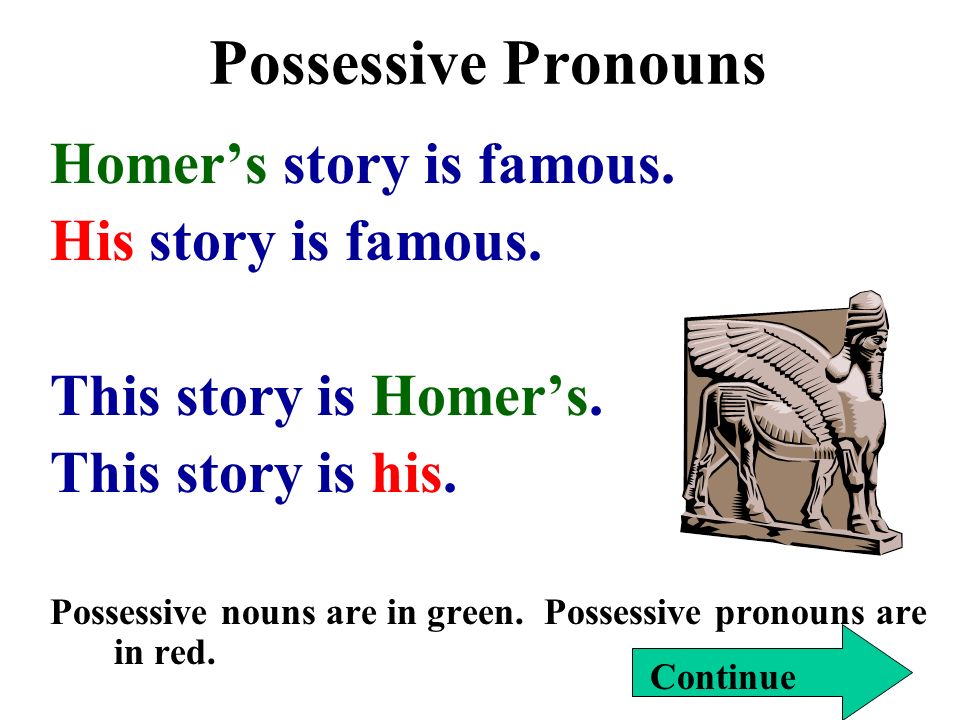 Possessive Pronouns Homer’s story is famous. His story is famous.
