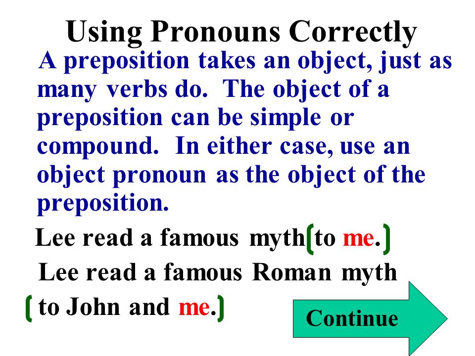 Using Pronouns Correctly A preposition takes an object, just as many verbs do.