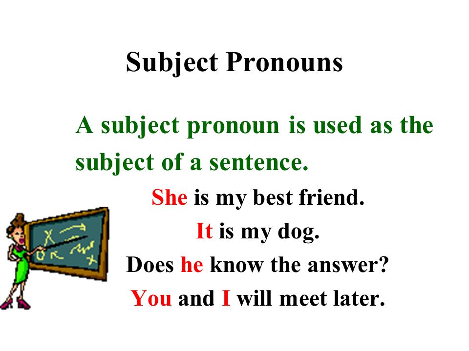 Subject Pronouns A subject pronoun is used as the subject of a sentence.