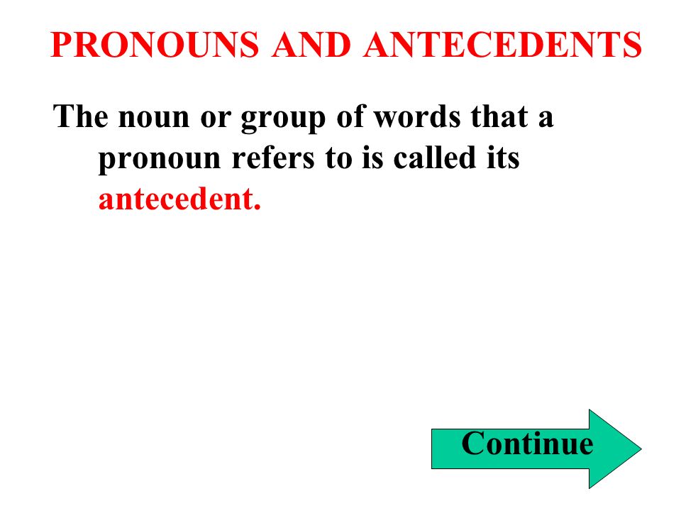 PRONOUNS AND ANTECEDENTS The noun or group of words that a pronoun refers to is called its antecedent.