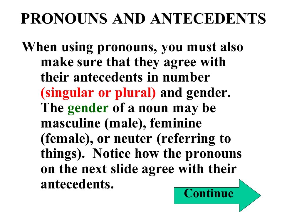 PRONOUNS AND ANTECEDENTS When using pronouns, you must also make sure that they agree with their antecedents in number (singular or plural) and gender.