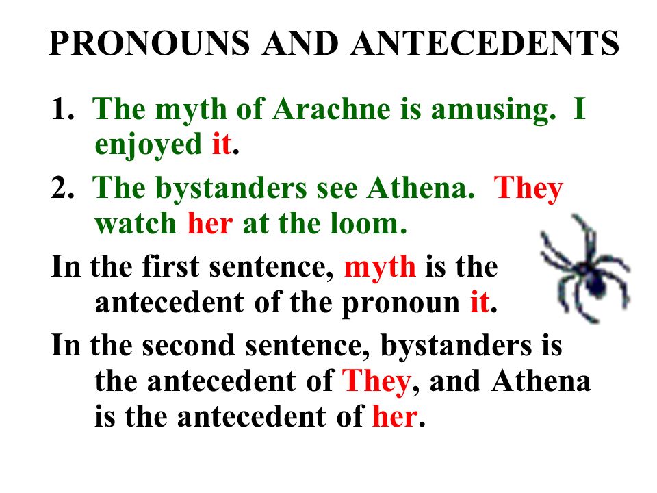 PRONOUNS AND ANTECEDENTS 1. The myth of Arachne is amusing.
