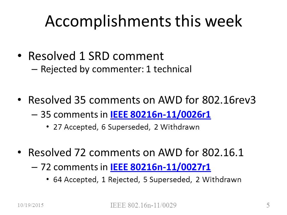 5 Accomplishments this week Resolved 1 SRD comment – Rejected by commenter: 1 technical Resolved 35 comments on AWD for rev3 – 35 comments in IEEE 80216n-11/0026r1IEEE 80216n-11/0026r1 27 Accepted, 6 Superseded, 2 Withdrawn Resolved 72 comments on AWD for – 72 comments in IEEE 80216n-11/0027r1IEEE 80216n-11/0027r1 64 Accepted, 1 Rejected, 5 Superseded, 2 Withdrawn 5 10/19/2015 IEEE n-11/0029