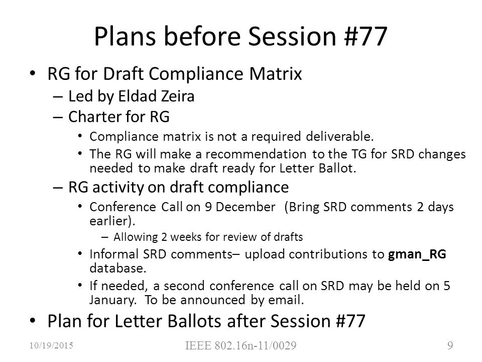 Plans before Session #77 RG for Draft Compliance Matrix – Led by Eldad Zeira – Charter for RG Compliance matrix is not a required deliverable.