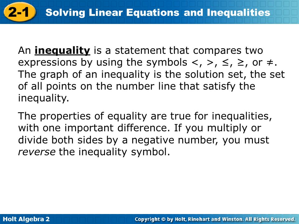 Solutions Of Linear Equations And Inequalities Talkchannels Holt Algebra Solving Linear Equations And Inequalities Solve