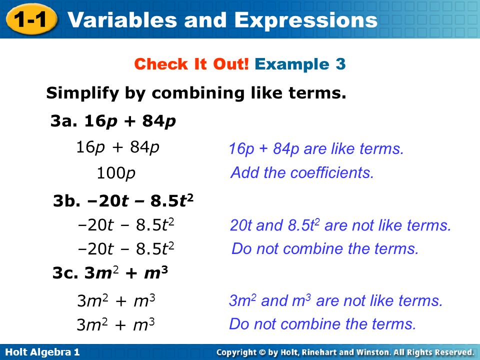 Holt Algebra Variables and Expressions Check It Out.