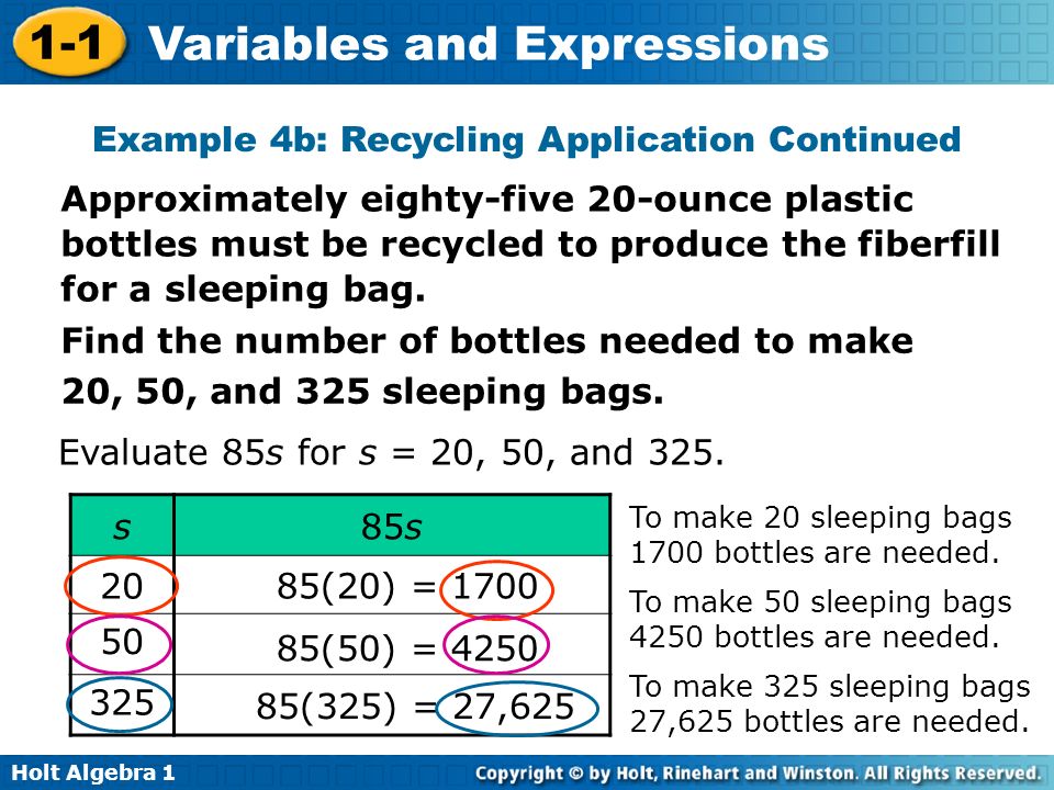 Holt Algebra Variables and Expressions Find the number of bottles needed to make 20, 50, and 325 sleeping bags.