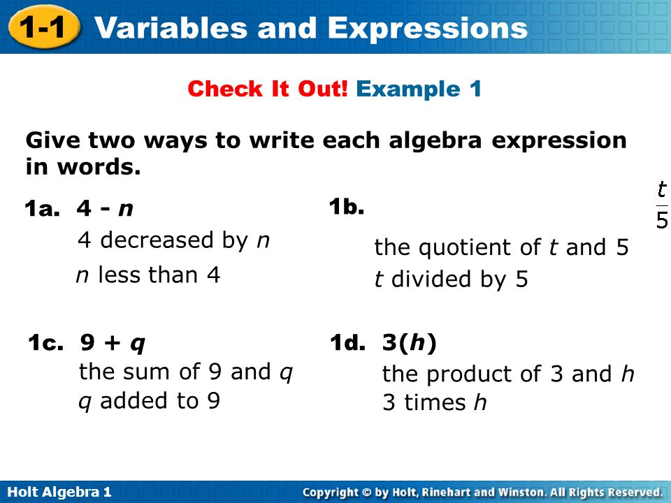 Holt Algebra Variables and Expressions 1a. 4 - n 1b.