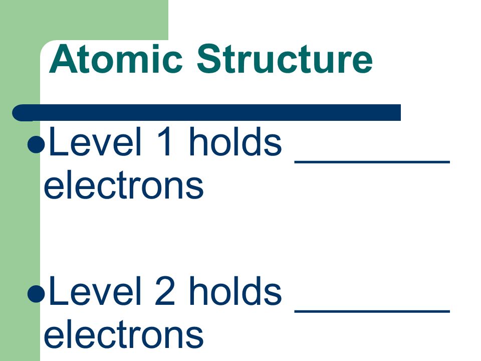 Atomic Structure Level 1 holds _______ electrons Level 2 holds _______ electrons