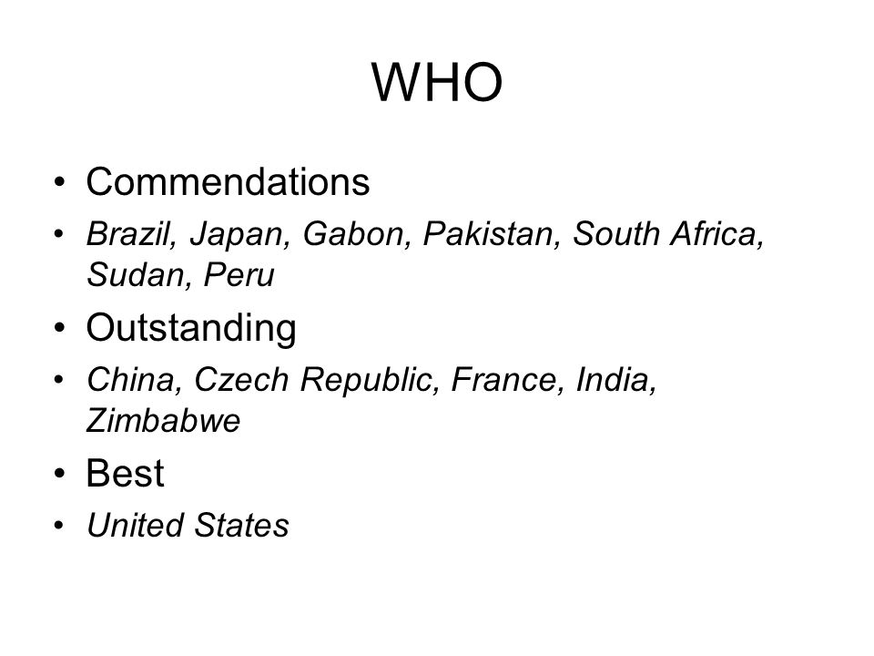 WHO Commendations Brazil, Japan, Gabon, Pakistan, South Africa, Sudan, Peru Outstanding China, Czech Republic, France, India, Zimbabwe Best United States