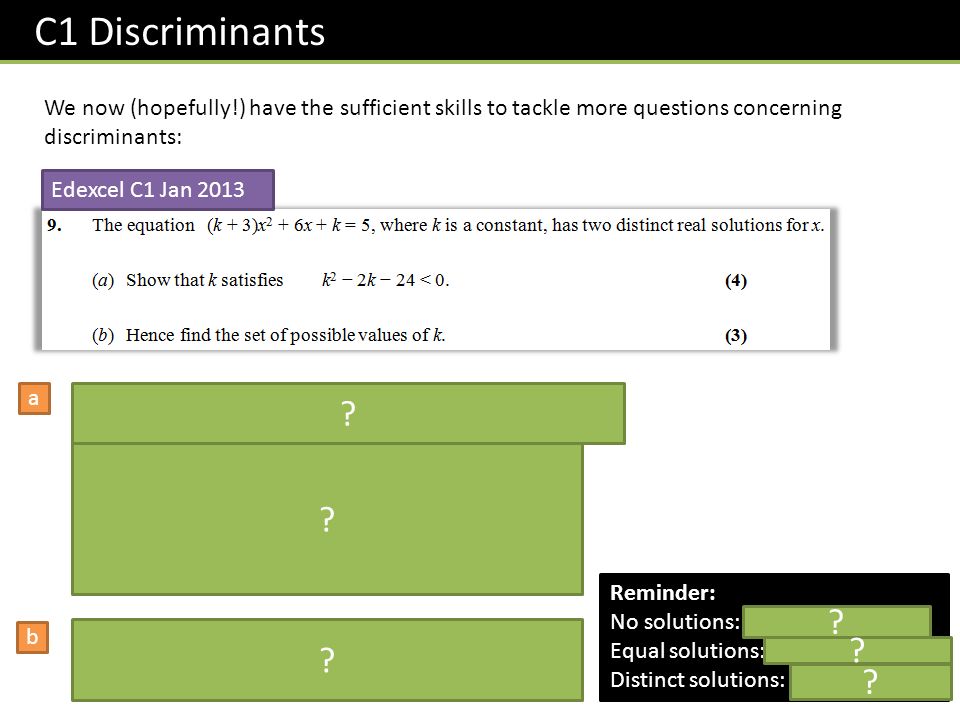 C1 Discriminants We now (hopefully!) have the sufficient skills to tackle more questions concerning discriminants: Edexcel C1 Jan 2013 a b .