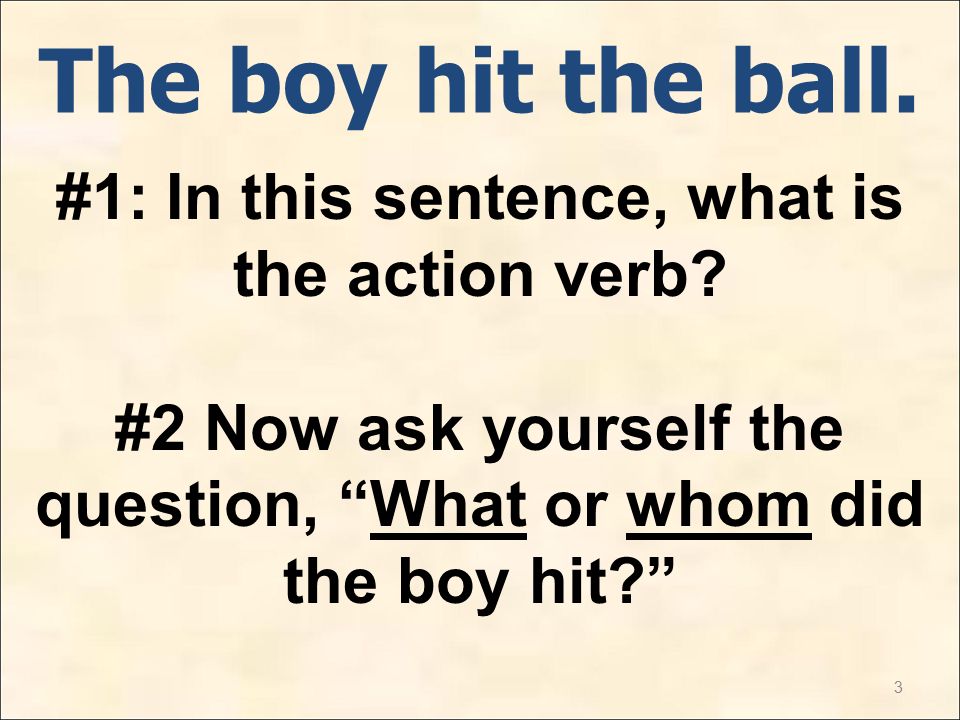 3 The boy hit the ball. #1: In this sentence, what is the action verb.