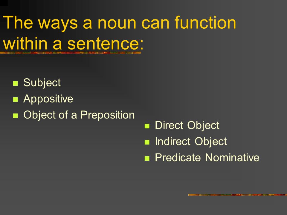 The ways a noun can function within a sentence: Subject Appositive Object of a Preposition Direct Object Indirect Object Predicate Nominative