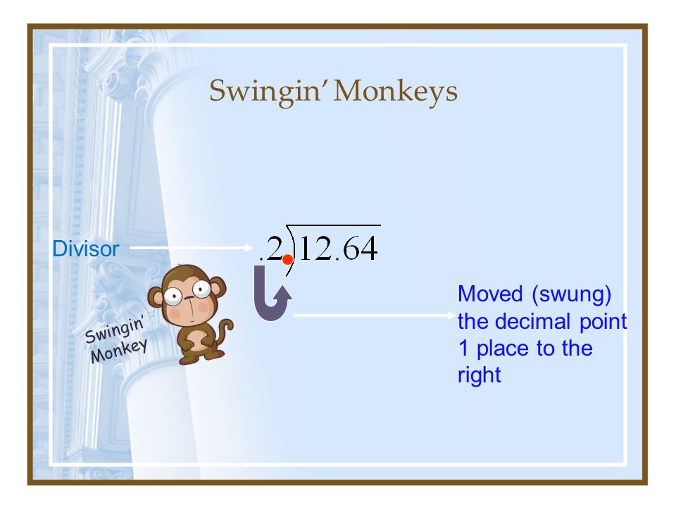 Swingin’ Monkeys Divisor Moved (swung) the decimal point 1 place to the right Swingin’ Monkey