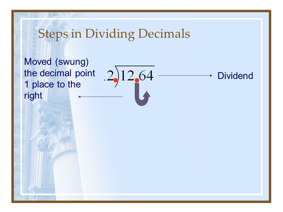 Steps in Dividing Decimals Dividend Moved (swung) the decimal point 1 place to the right