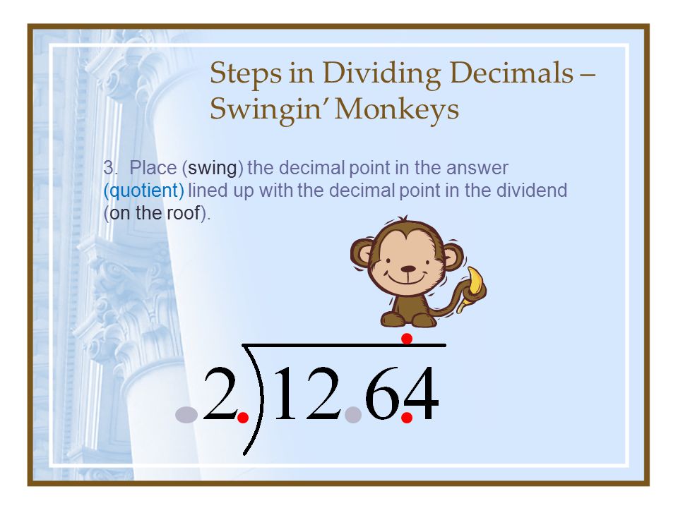 Steps in Dividing Decimals – Swingin’ Monkeys 3.