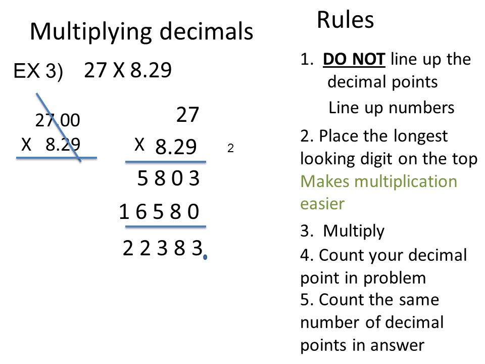 Multiplying decimals 27 X 8.29 Rules X
