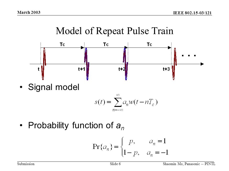 IEEE /121 Submission March 2003 Shaomin Mo, Panasonic -- PINTLSlide 6 Signal model Probability function of a n Model of Repeat Pulse Train