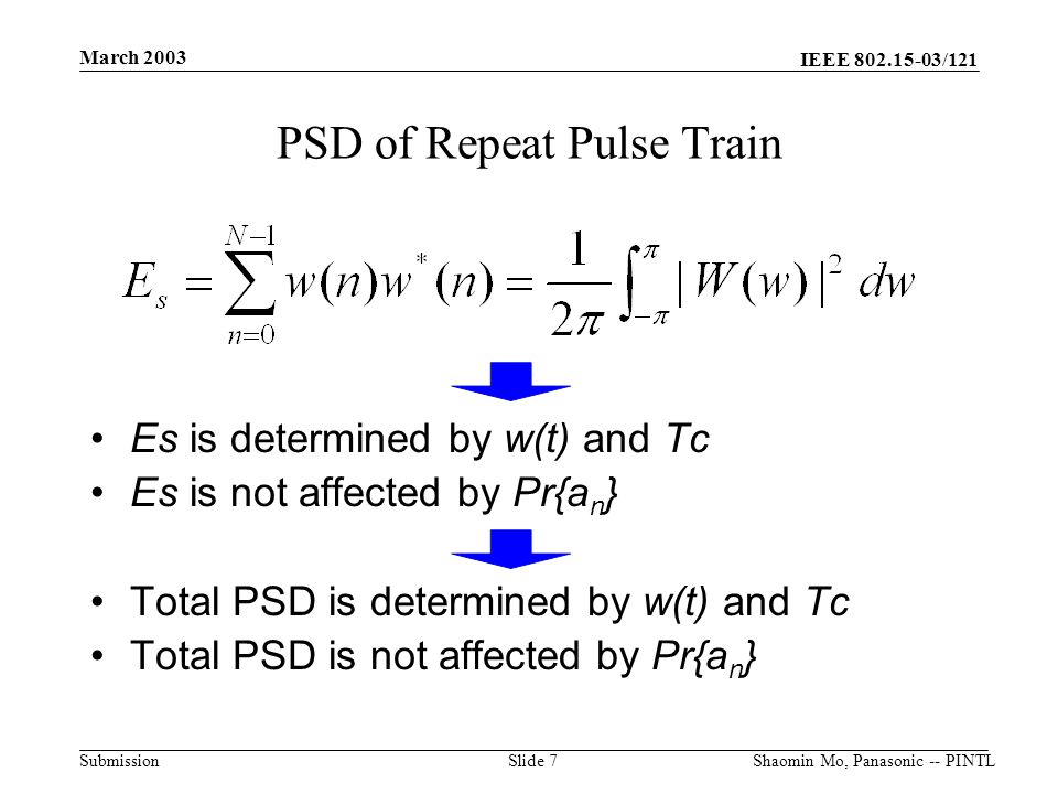 IEEE /121 Submission March 2003 Shaomin Mo, Panasonic -- PINTLSlide 7 Es is determined by w(t) and Tc Es is not affected by Pr{a n } Total PSD is determined by w(t) and Tc Total PSD is not affected by Pr{a n } PSD of Repeat Pulse Train