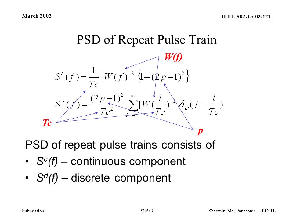 IEEE /121 Submission March 2003 Shaomin Mo, Panasonic -- PINTLSlide 8 PSD of repeat pulse trains consists of S c (f) – continuous component S d (f) – discrete component PSD of Repeat Pulse Train W(f) Tc p