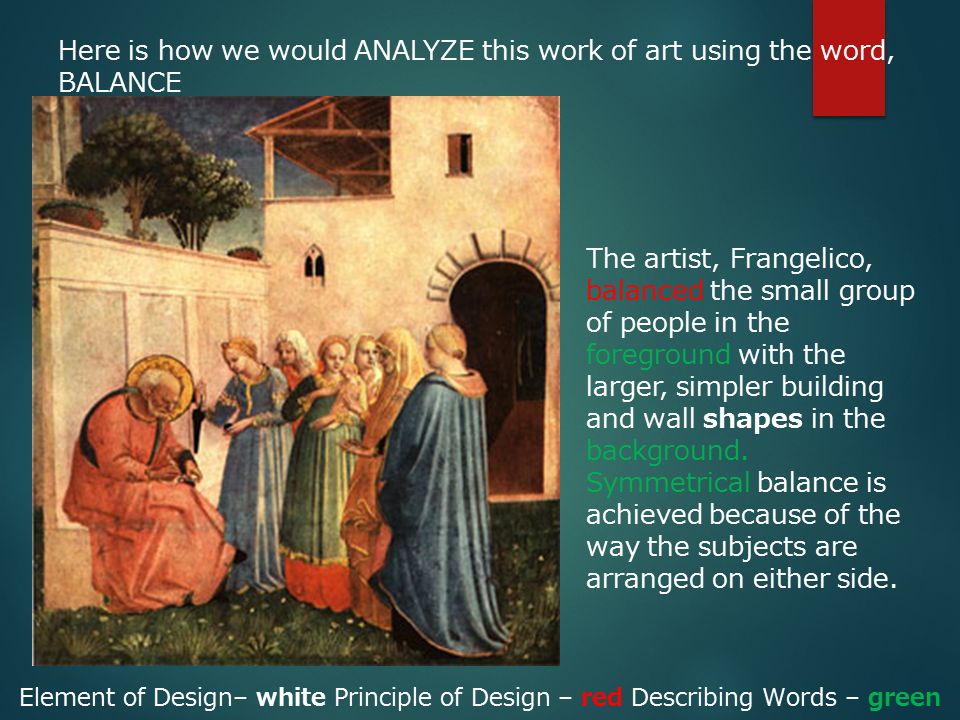 The artist, Frangelico, balanced the small group of people in the foreground with the larger, simpler building and wall shapes in the background.