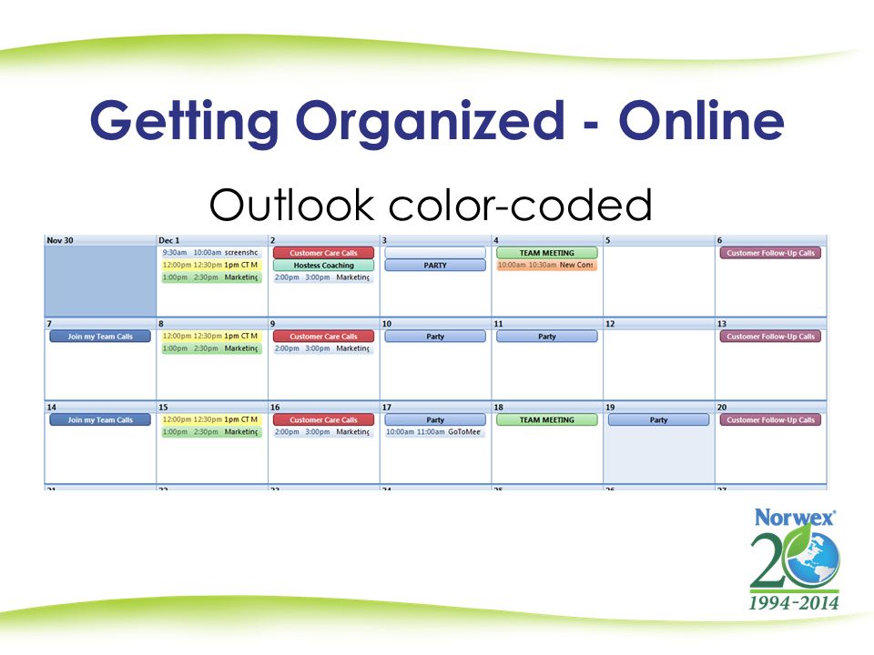 Getting Organized - Online Outlook color-coded