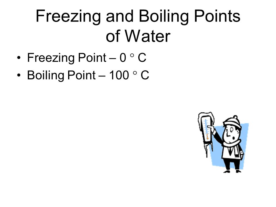 Freezing and Boiling Points of Water Freezing Point – 0  C Boiling Point – 100  C