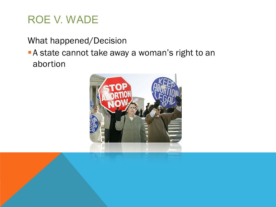 ROE V. WADE What happened/Decision  A state cannot take away a woman’s right to an abortion