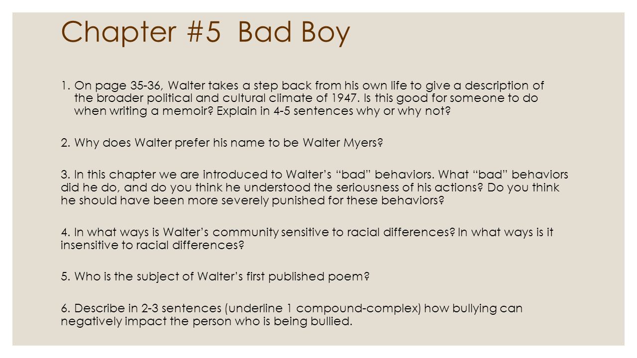 unit 1 bad boy by walter dean myers chapters 1 and 2 33 chapter 5 bad