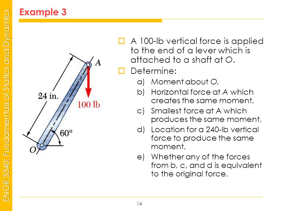 MSP21 Universidad Interamericana - Bayamón ENGR 3340: Fundamentals of Statics and Dynamics Example 3 14  A 100-lb vertical force is applied to the end of a lever which is attached to a shaft at O.