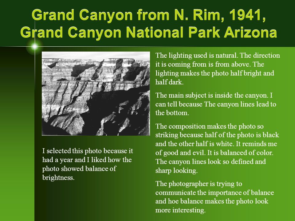 Grand Canyon from N. Rim, 1941, Grand Canyon National Park Arizona The lighting used is natural.