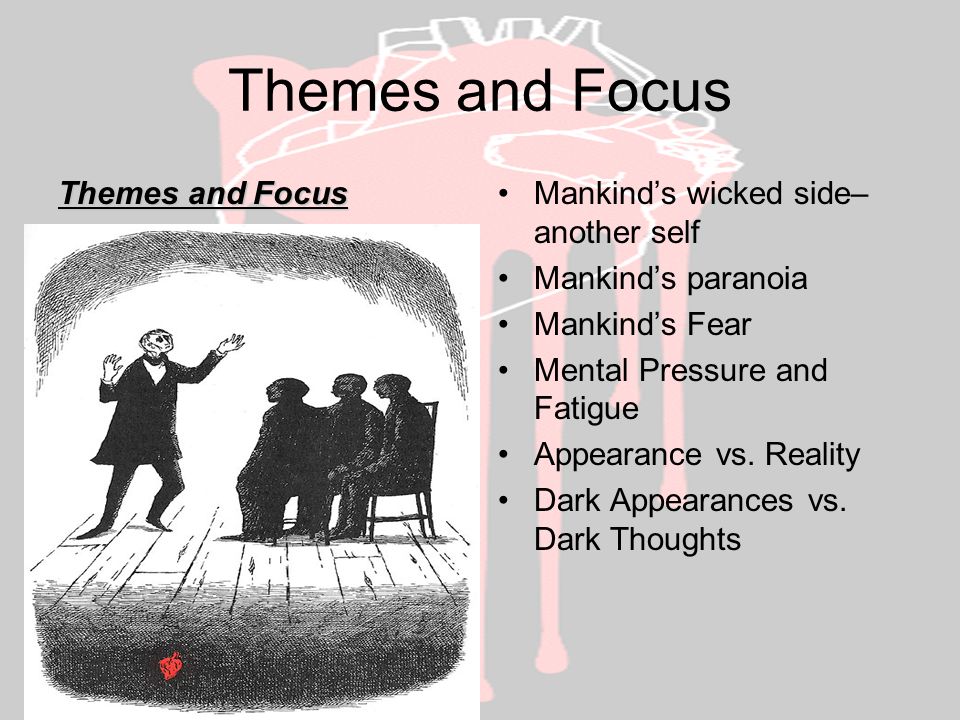 Themes and Focus Mankind’s wicked side– another self Mankind’s paranoia Mankind’s Fear Mental Pressure and Fatigue Appearance vs.