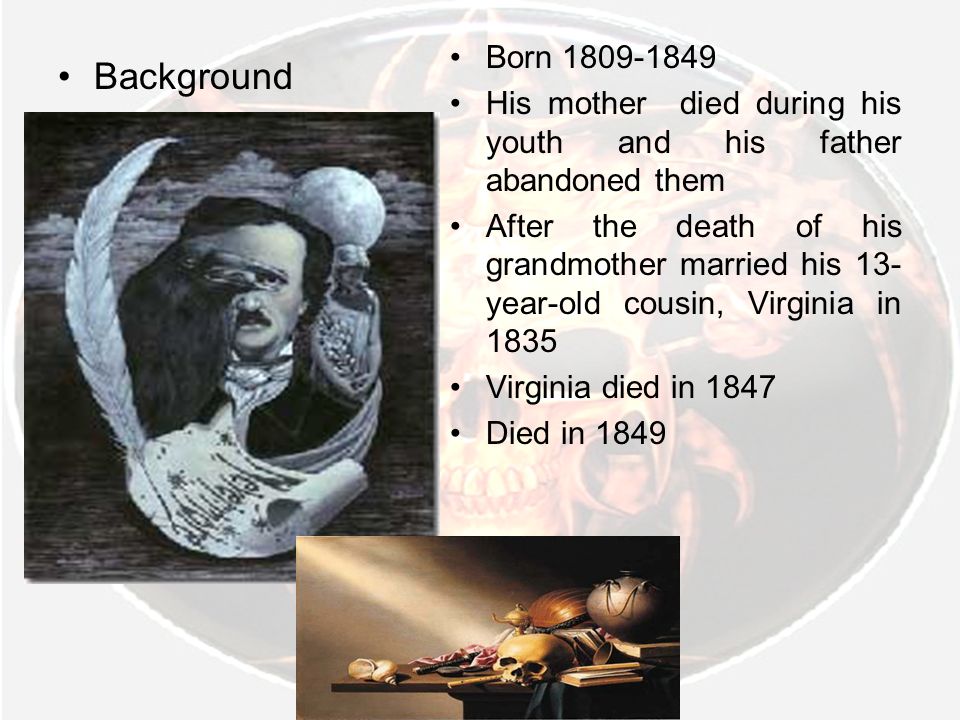 Background Born His mother died during his youth and his father abandoned them After the death of his grandmother married his 13- year-old cousin, Virginia in 1835 Virginia died in 1847 Died in 1849