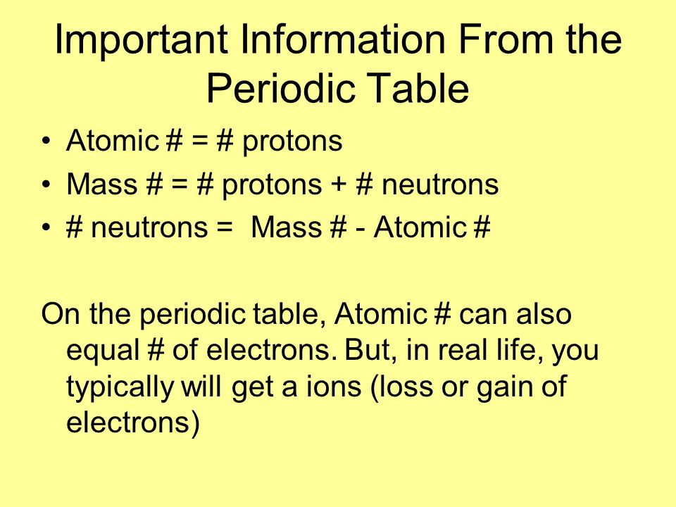 Important Information From the Periodic Table Atomic # = # protons Mass # = # protons + # neutrons # neutrons = Mass # - Atomic # On the periodic table, Atomic # can also equal # of electrons.
