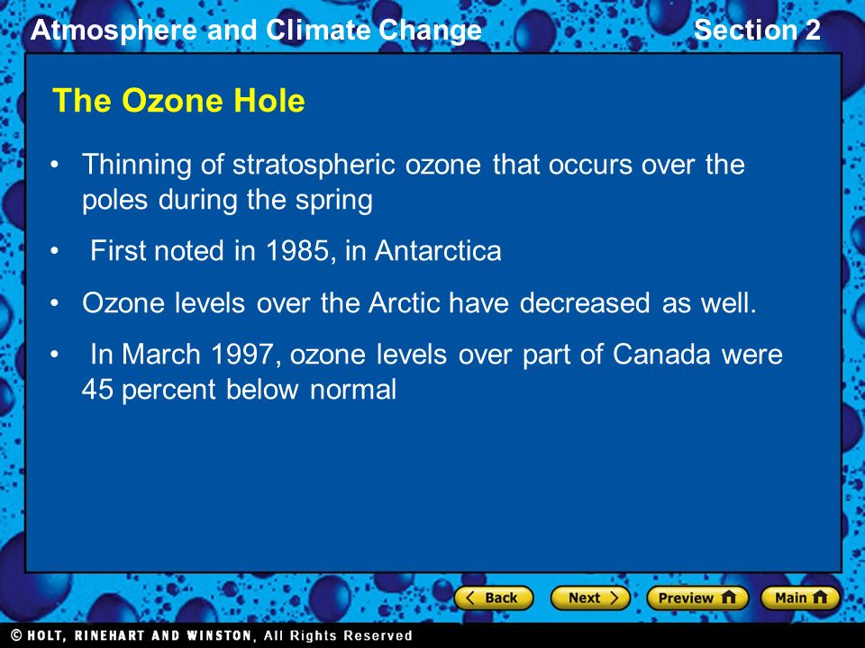 Atmosphere and Climate ChangeSection 2 The Ozone Hole Thinning of stratospheric ozone that occurs over the poles during the spring First noted in 1985, in Antarctica Ozone levels over the Arctic have decreased as well.