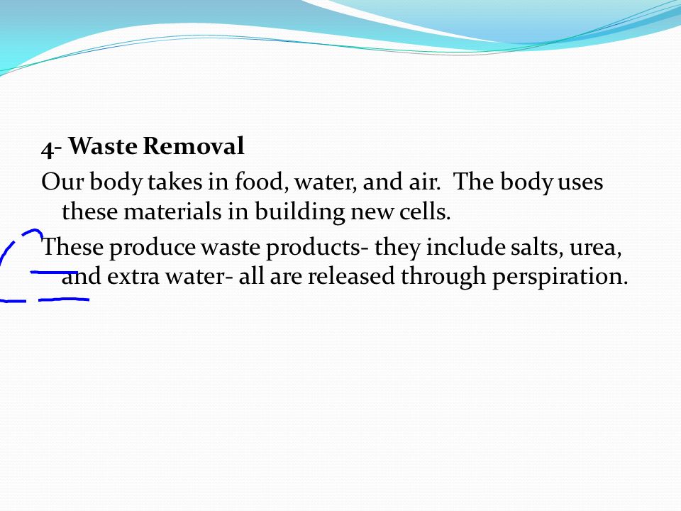 4- Waste Removal Our body takes in food, water, and air.