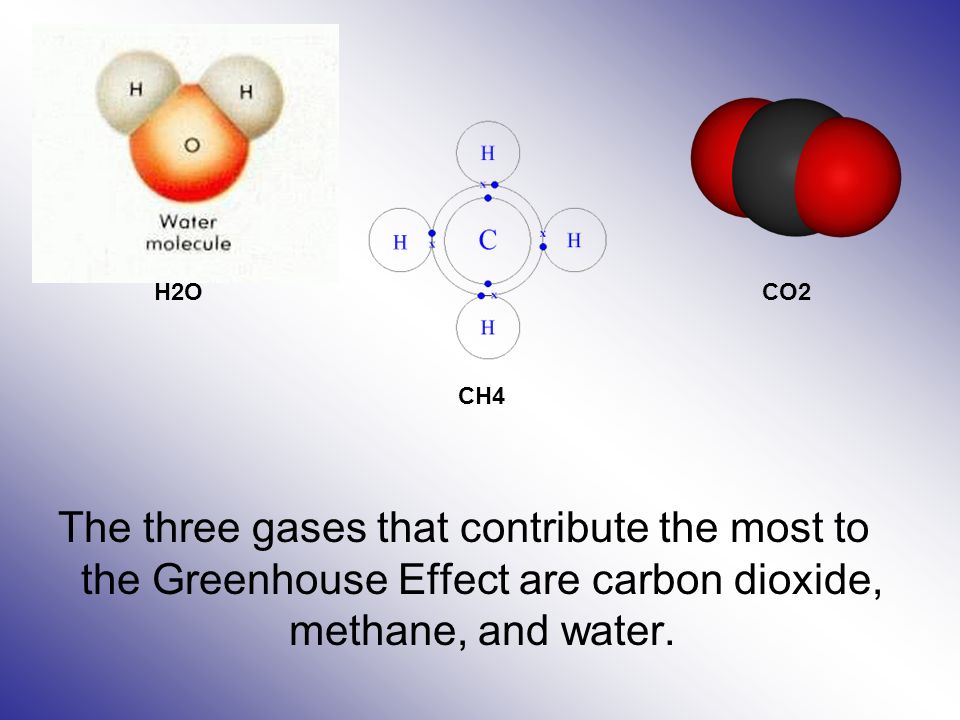 The three gases that contribute the most to the Greenhouse Effect are carbon dioxide, methane, and water.