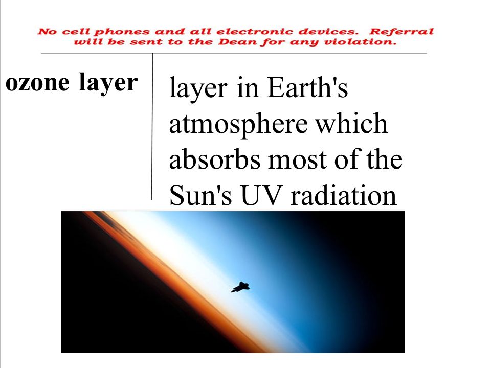 ozone layer layer in Earth s atmosphere which absorbs most of the Sun s UV radiation