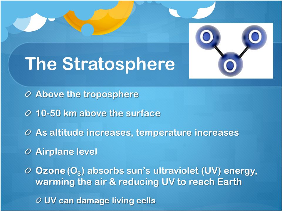 The Stratosphere Above the troposphere km above the surface As altitude increases, temperature increases Airplane level Ozone (O 3 ) absorbs sun’s ultraviolet (UV) energy, warming the air & reducing UV to reach Earth UV can damage living cells