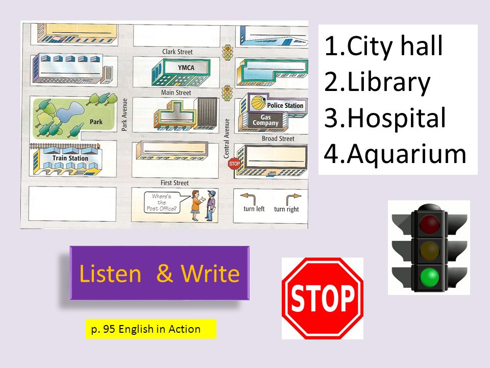 Listen & Write p. 95 English in Action 1.City hall 2.Library 3.Hospital 4.Aquarium