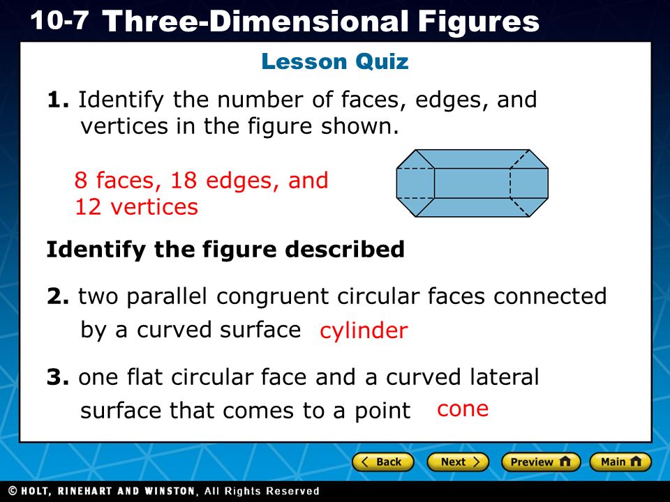 Holt CA Course Three-Dimensional Figures Lesson Quiz 1.