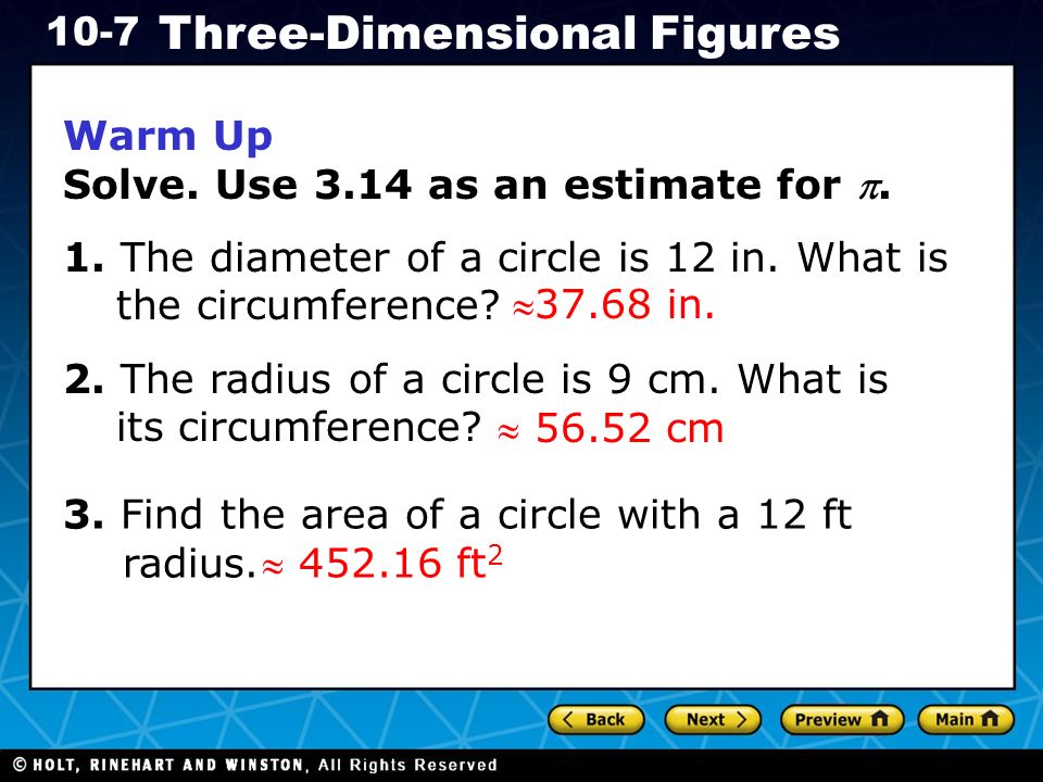 Holt CA Course Three-Dimensional Figures Warm Up Solve.