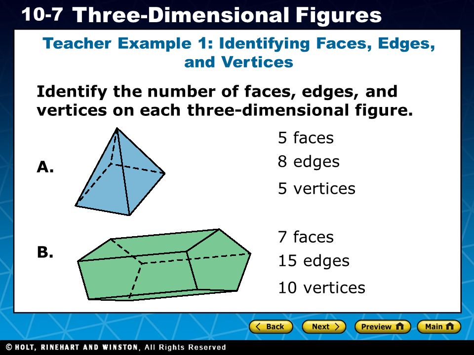 Holt CA Course Three-Dimensional Figures Teacher Example 1: Identifying Faces, Edges, and Vertices Identify the number of faces, edges, and vertices on each three-dimensional figure.