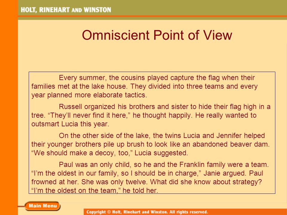 Omniscient Point of View Every summer, the cousins played capture the flag when their families met at the lake house.