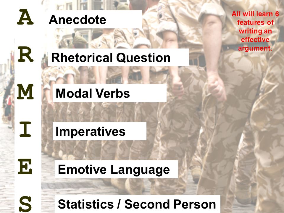 A R M I E S Anecdote Rhetorical Question Modal Verbs Imperatives Emotive Language Statistics / Second Person All will learn 6 features of writing an effective argument.